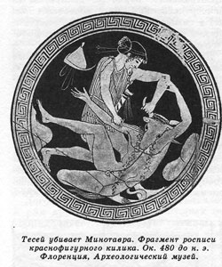 Тесей убивает Минотавра. Фрагмент росписи красно фигурно г о килика. Ок. 480 до н. э. Флоренция, Археологический музей.