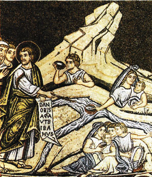  Моисей высекает воду из скалы. Мозаика, конец 12 — нач. 13 вв. Венеция, собор Сан-Марко.