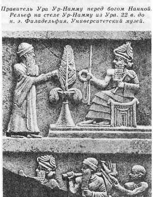 Правитель Ура Ур-Намму перед богом Наиной. Рельеф на стеле Ур-Намму из Ура. 22 в. до н. э, Филадельфия. Университетский музей.