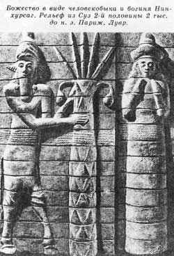 Божество в виде человекобыка и богиня Нинхурсаг. Рельеф из Суз 2-й половины 2 тыс. до н. э. Париж, Лувр.