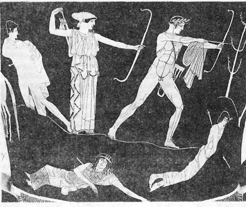 Аполлон и Артемида убивают детей Ниобы. Фрагмент росписи краснофигурного кратера «художника Ниобид». Ок. 460 до н. з. Париж, Лувр.