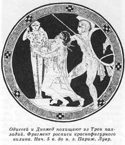Одиссей и Диомед похищают из Трои палладий. Фрагмент росписи краснофигурного килика. Нач. 5 в. до н. э. Париж, Лувр.