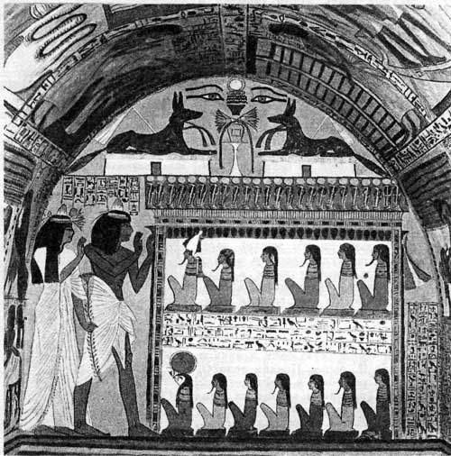 Умерший (Сеннеджем и его супруга) перед Осирисом и другими богами загробного мира. Роспись в гробнице Сеннеджема в Фивах. 13 в. до н. э.