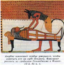 Анубис извлекает сердце умершего, чтобы взвесить его на суде Осириса. Фрагмент росписи из гробницы Сеннеджема в Фивах. 13 в. до н. э.