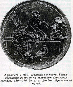 Афродита и Пан, играющие в кости. Гравированный рисунок на этрусском бронзовом зеркале. 380—370 до н. э. Лондон. Британский музей
