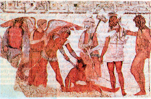Ахилл приносит в жертву троянских пленников при погребении Патрокла. Фреска гробницы Франсуа в Вульчи. 2—1 ее. до н. э.