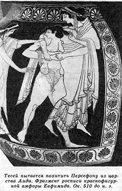 Тесей пытается похитить Персефону аз царства Аида. Фрагмент росписи краснофигур-ной амфоры Евфимида. Ок. 510 до н. э.
