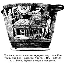 Приам просит Ахилла вернуть ему тело Гектора. Скифос «мастера Брига». 490—480 до н. з. Вена, Музей истории искусств.