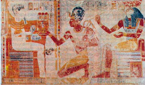  Фараон Сети 1 перед Птахом (справа — Ра-Гарахути). Роспись в храме Сети 1 в Абидосе. Ок. 1300 до н. э.