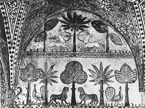  в верхней части — древо центра мироздания и два кентавра, символизирующих, так же как и само дерево, соединение неба и земли. Деталь мозаики арабских мастеров во дворце короля Рожера II в Палермо. 1160—70.