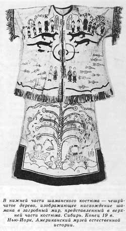 В нижней части шаманского костюма — чешуйчатое дерево, изображающее нисхождение шамана в загробный мир, представленный в верхней части костюма. Сибирь. Конец 19 в. Нью-Йорк, Американский музей естественной истории.