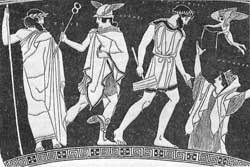 Зевс, Гермес, Эпиметей и Пандора, Фрагмент росписи краснофигурно-го кратера. 450—440 до н. я. Оксфорд. Музей Ашмола.