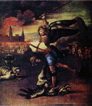 Архангел Михаил, побеждающий дьявола. Картина Рафаэля. Ок. 1502. Париж, Лувр.
